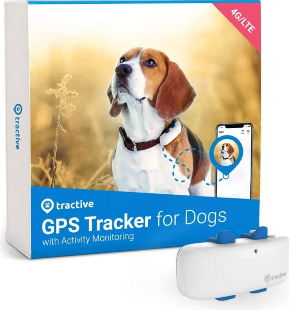 Tractive GPS Tracker for Dogs packaging with a dog on a grassy background