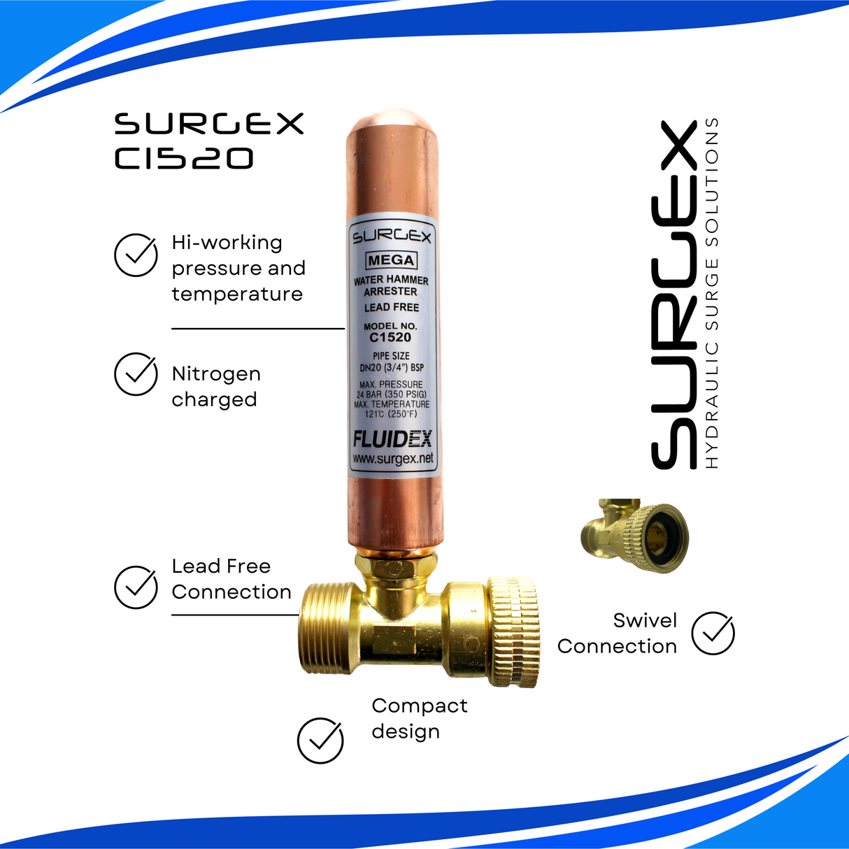 SURGEx C1520 Washing Machine/Dishwasher Water Hammer Arrestor LEAD FREE DN20 BSP