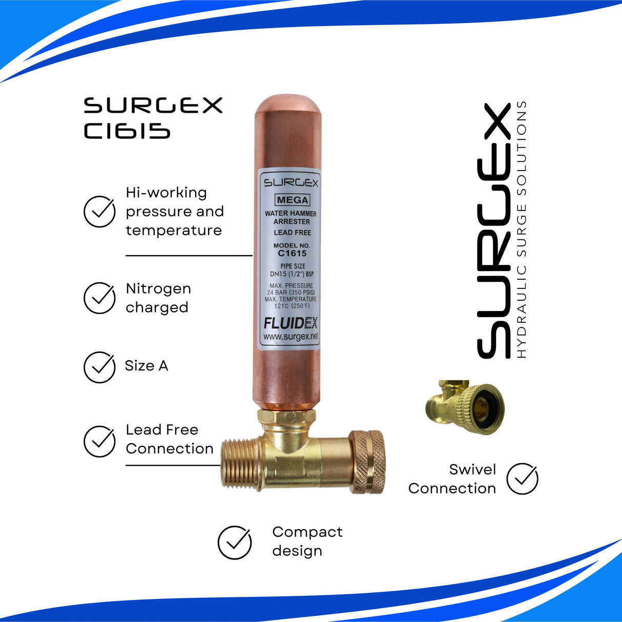 SURGEx C1615, Water Hammer Arrestor, 1/2" DN15 BSP LEAD FREE General Plumbing