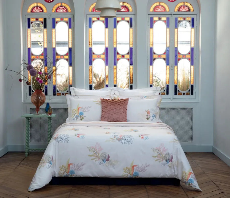 Yves Delorme CALYPSO Queen Flat Sheet & 2 Pillowcases – 100% Cotton Percale,