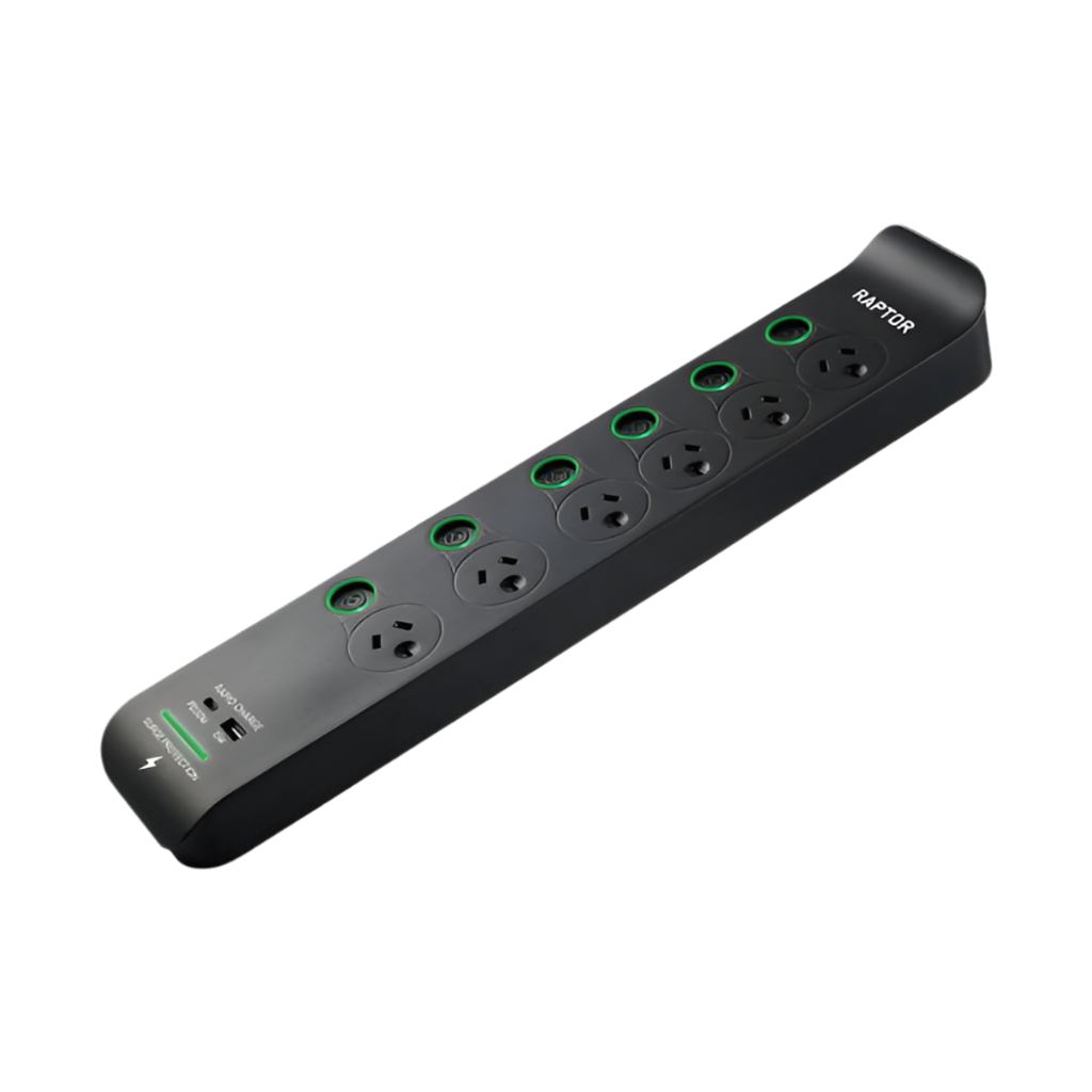 A black RAPTOR surge protected powerboard with six outlets, including two USB ports, and a switch.