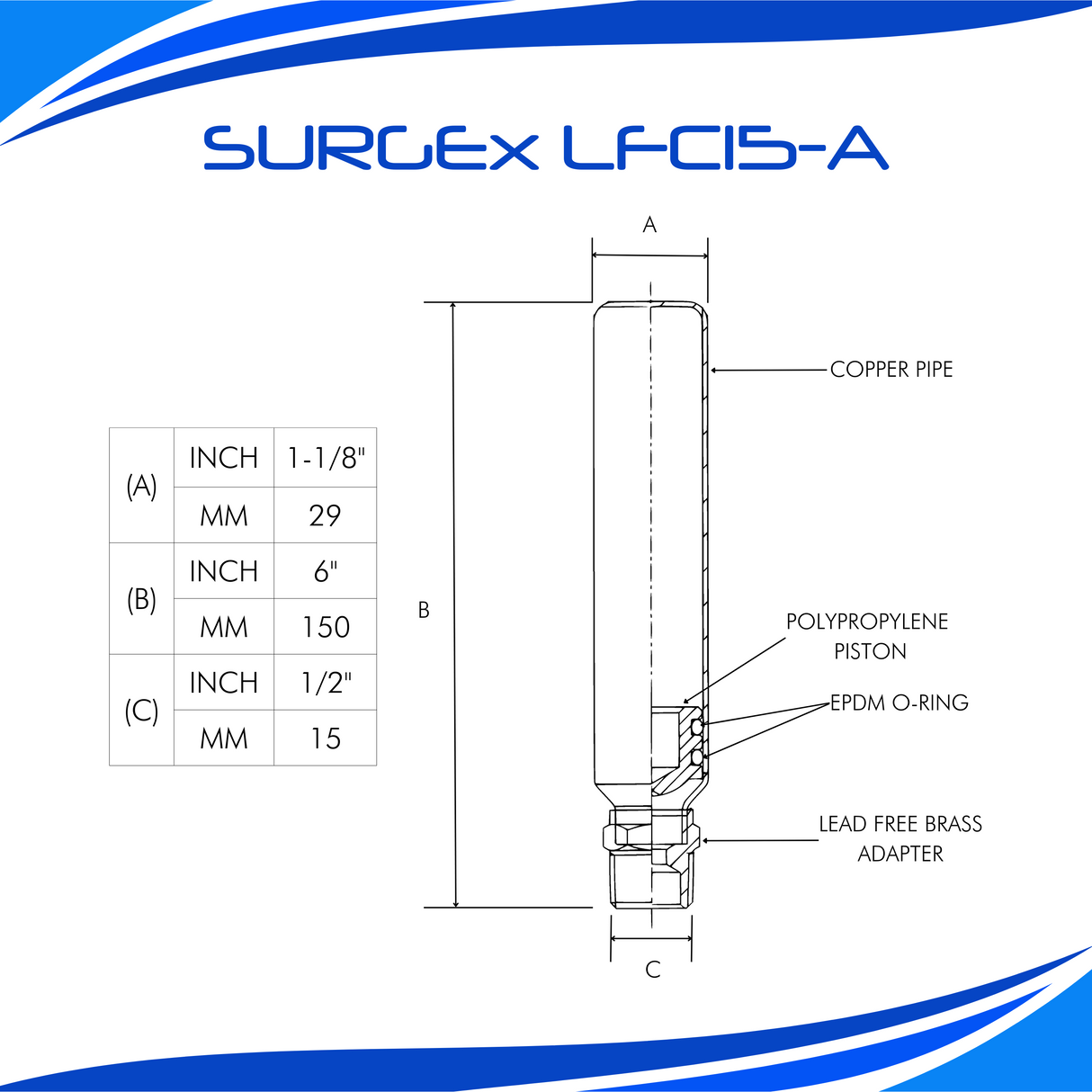 SURGEx LFC15-A NPT (MIP), Water Hammer Arrestor, LEAD FREE, 1/2"