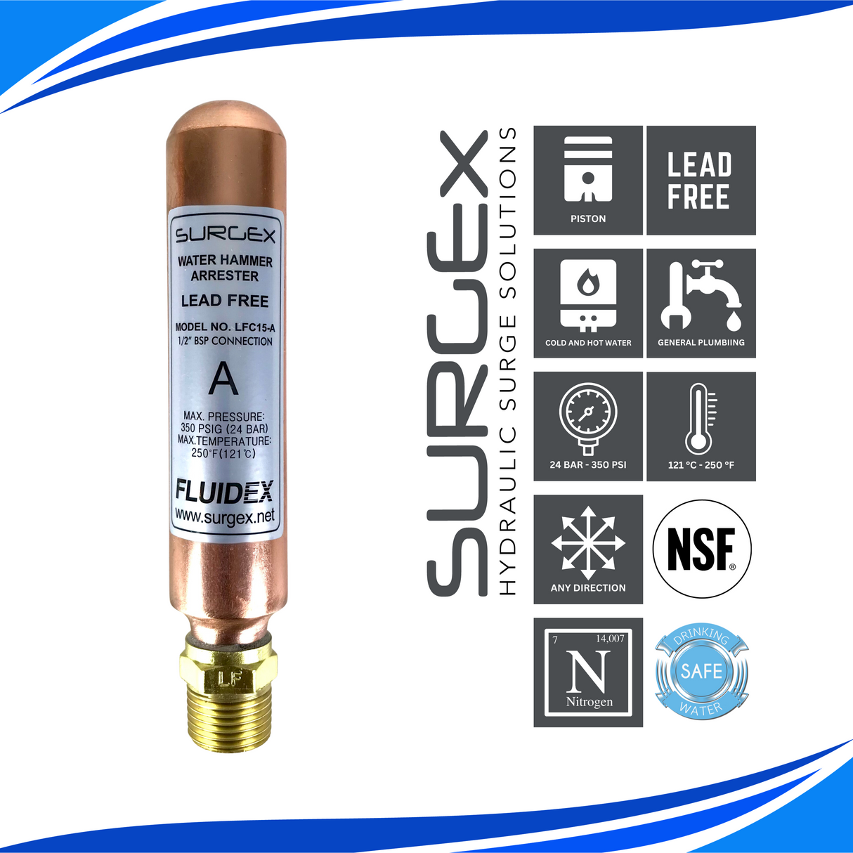 SURGEx LFC15-A BSP, Water Hammer Arrestor, LEAD FREE, 1/2" DN15
