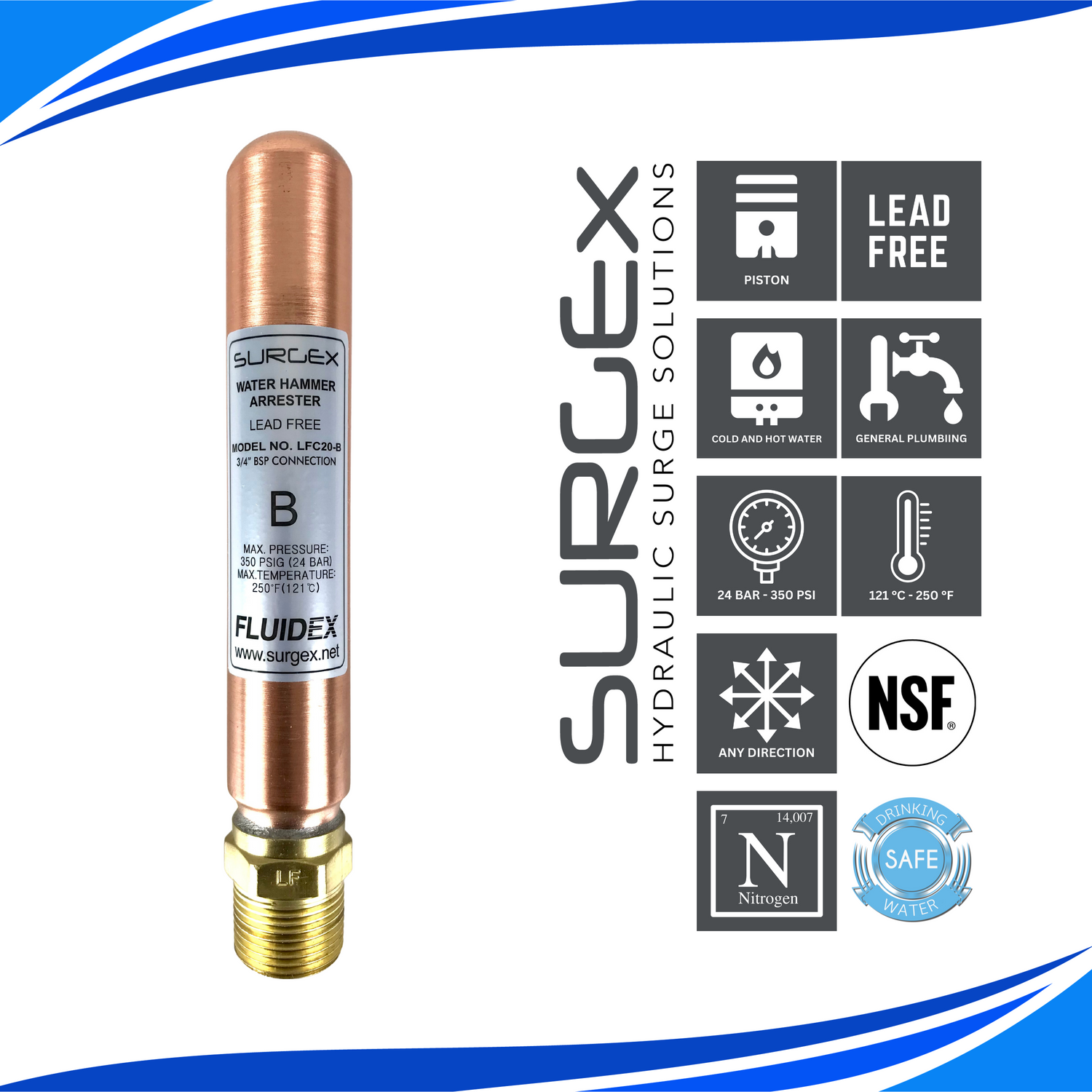 SURGEx LFC20-B BSP, Water Hammer Arrestor, LEAD FREE, 3/4" DN20