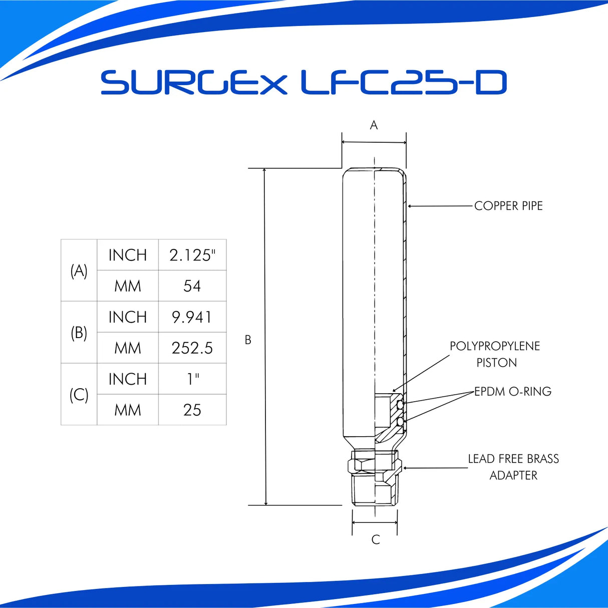 SURGEx LFC25-D BSP, Water Hammer Arrestor, LEAD FREE, 1" DN25