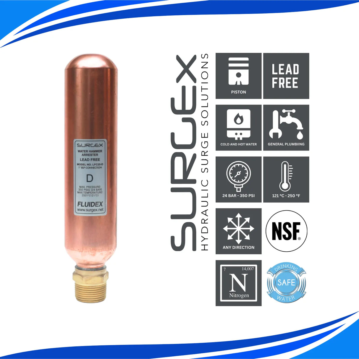 SURGEx LFC25-D BSP, Water Hammer Arrestor, LEAD FREE, 1" DN25