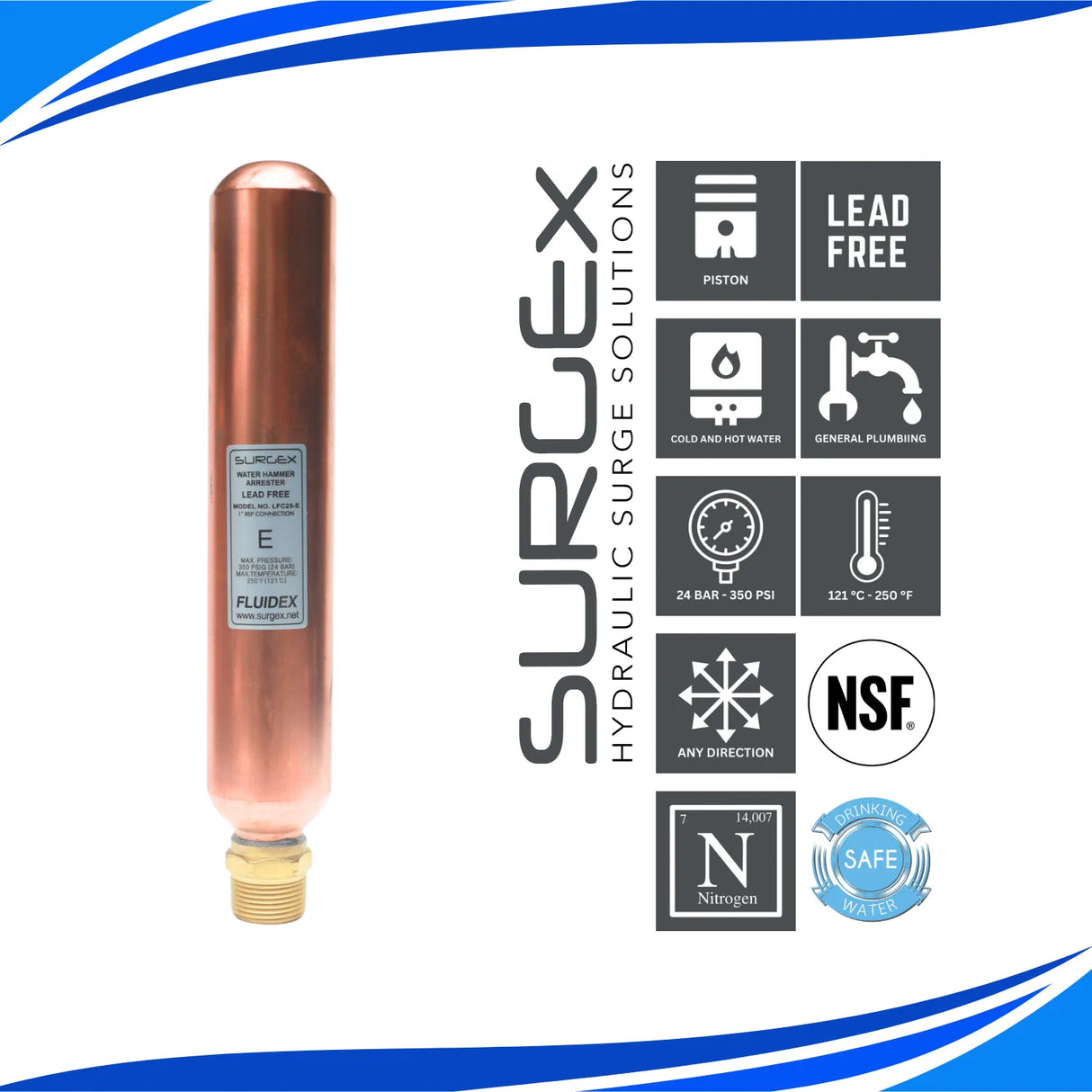 SURGEx LFC25-E BSP, Water Hammer Arrestor, LEAD FREE, 1" DN25