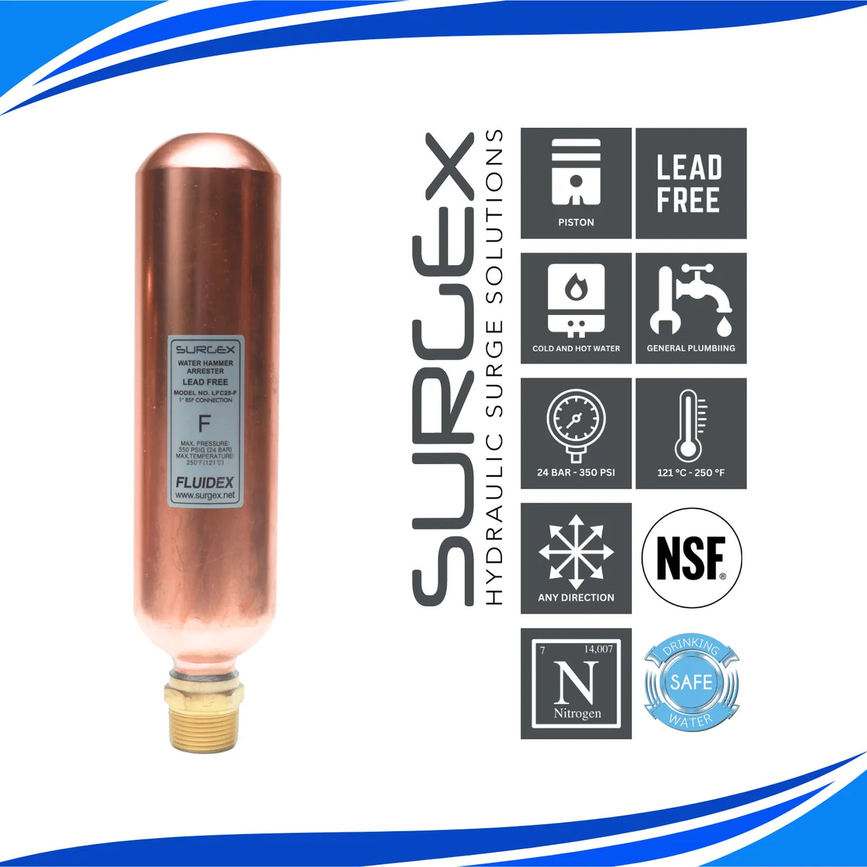 SURGEx LFC25-F BSP, Water Hammer Arrestor, LEAD FREE, 1" DN25