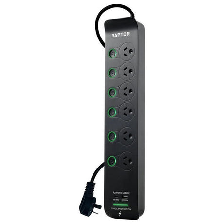 RAPTOR Surge Protected Powerboards 6-Way w/ Switches 1x QC3.0 USB-A (30W), 1x USB-C PD (30W)