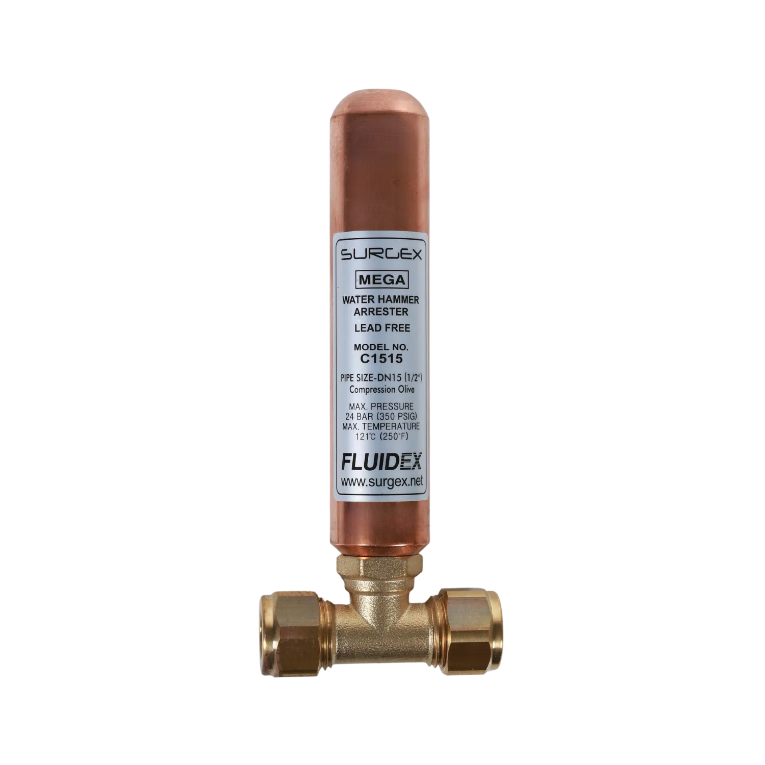 SURGEx C1515, Water Hammer Arrestor Inline 1/2" 15mm LEAD FREE Olive Compression Fitting