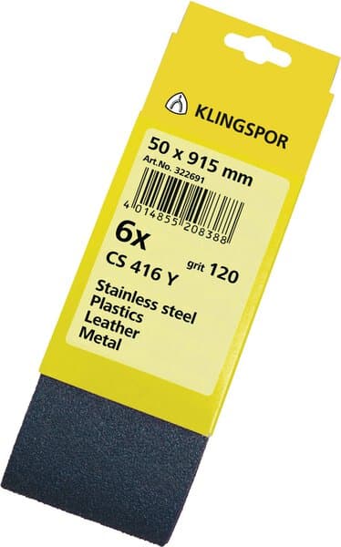 Klingspor CS 416 Y belts, 50 x 915 mm grain 120 F4G, D.I.Y.-packaged with tab Pack of 18
