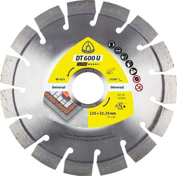 Klingspor DT 600 U diamond cutting blades, 115 x 2,4 x 22,23 mm 13 segments 20 x 2,4 x 9 mm, short serration
