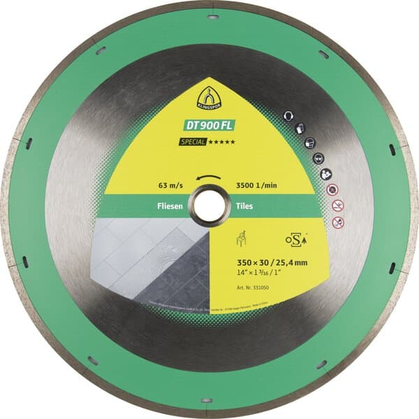 Klingspor DT 900 FL diamond cutting blades, 350 x 2,2 x 30 mm 2,2 x 7 mm, closed rim with laser slots Reduction ring 25,4