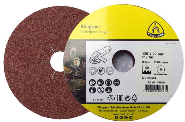 Klingspor CS 561 fibre discs, 125 x 22 mm grain 60 star shaped hole, D.I.Y.-packaged in foil Pack of 25