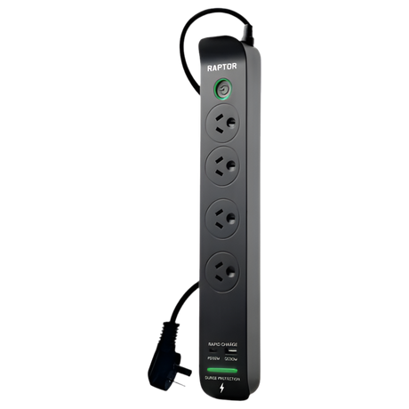 RAPTOR Surge Protected Powerboards 4-Way 1x QC3.0 USB-A (30W), 1x USB-C PD (30W)