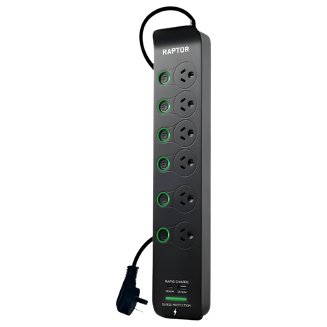 RAPTOR Surge Protected Powerboards 6-Way w/ Switches 1x QC3.0 USB-A (30W), 1x USB-C PD (30W)