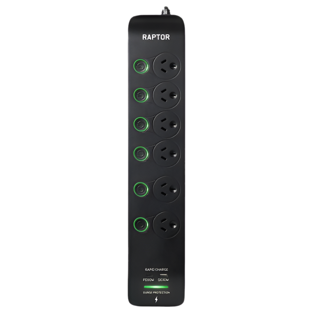 RAPTOR Surge Protected Powerboards 6-Way w/ Switches 1x QC3.0 USB-A (30W), 1x USB-C PD (30W)