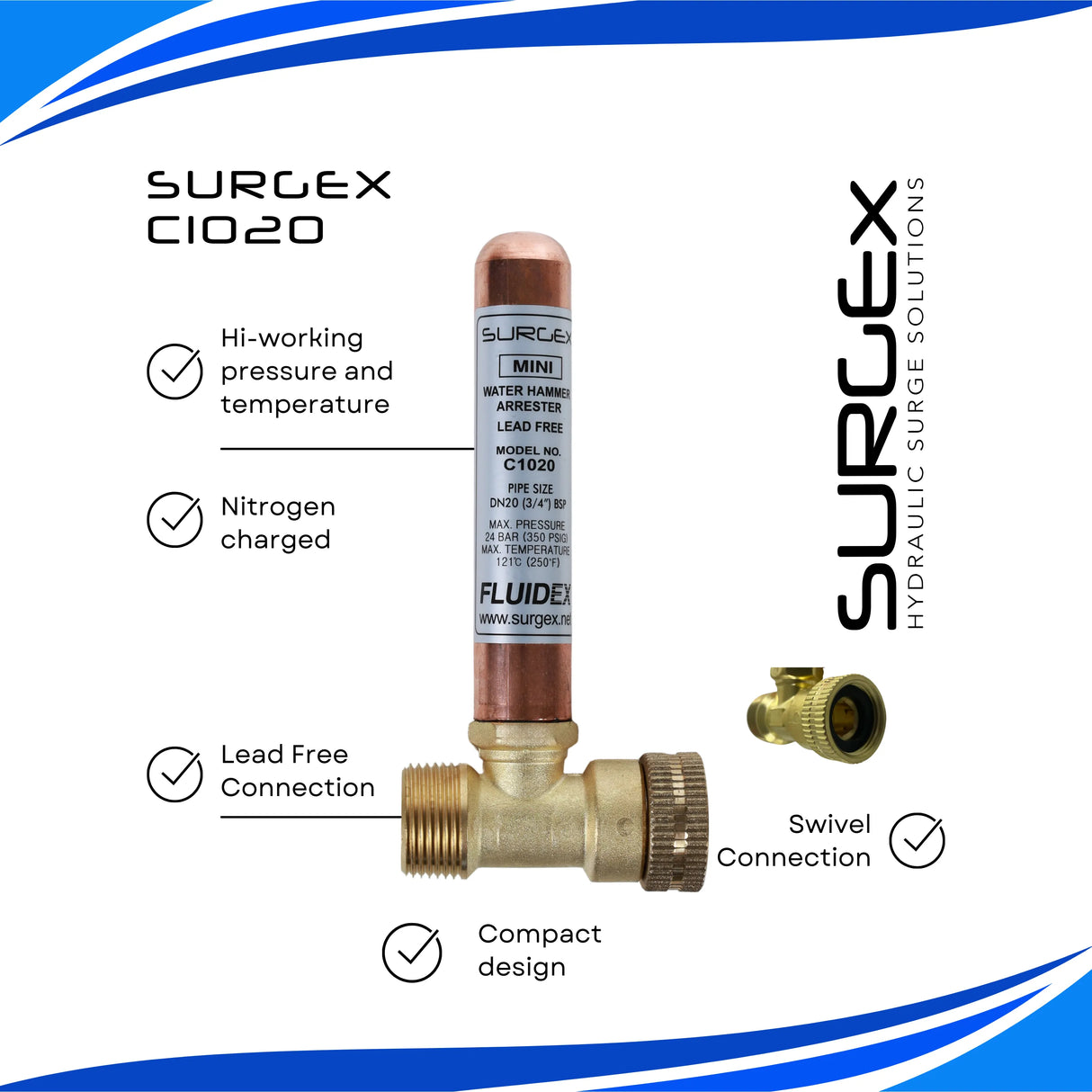 SURGEx C1020 Dishwasher Water Hammer Arrestor LEAD FREE 3/4" DN20 BSP