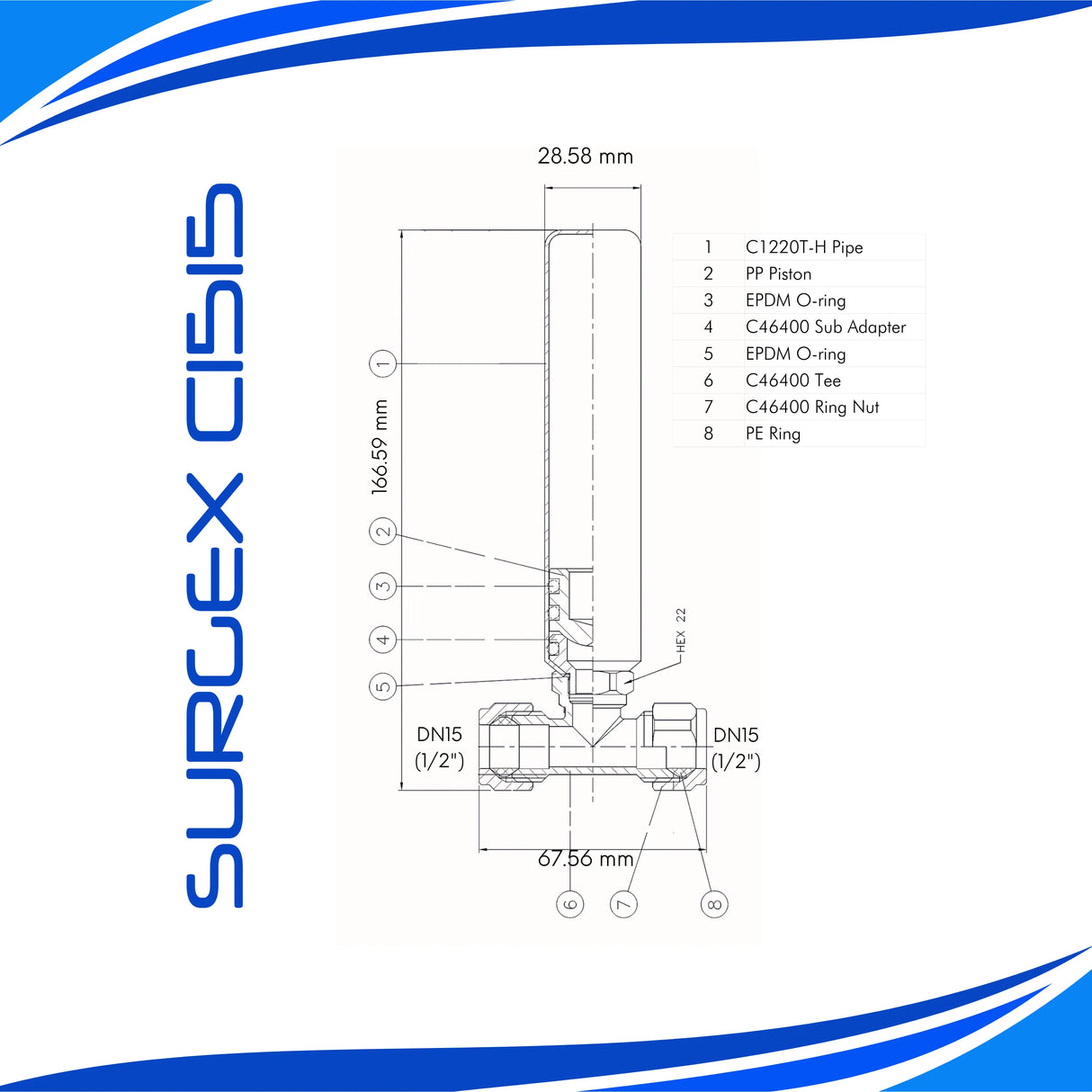 SURGEx C1515, Water Hammer Arrestor Inline 1/2" 15mm LEAD FREE Olive Compression Fitting