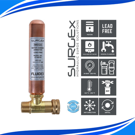 SURGEx C1615, Water Hammer Arrestor, 1/2" DN15 BSP LEAD FREE General Plumbing