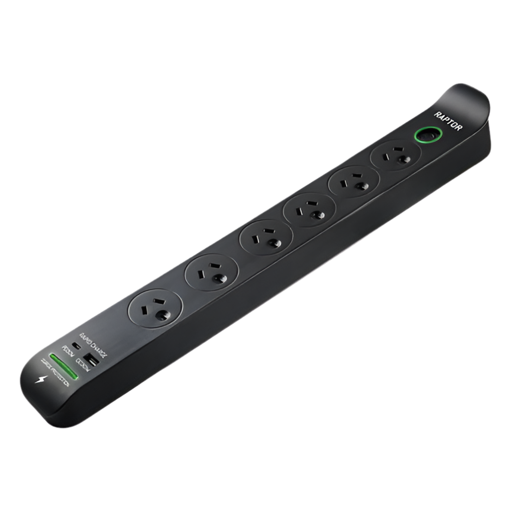 RAPTOR Surge Protected Powerboards 6-Way 1x QC3.0 USB-A (30W), 1x USB-C PD (30W)