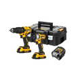 DeWALT DCK2059D2T 18v XR Cordless Drill Driver and Impact Driver TSTAK Kit, featuring a black and yellow color scheme with two batteries, a charger, and a hard TSTAK carry case.