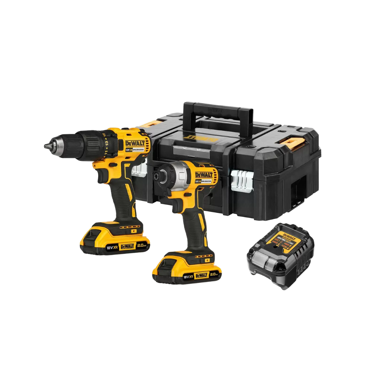 DeWALT DCK2059D2T 18v XR Cordless Drill Driver and Impact Driver TSTAK Kit, featuring a black and yellow color scheme with two batteries, a charger, and a hard TSTAK carry case.
