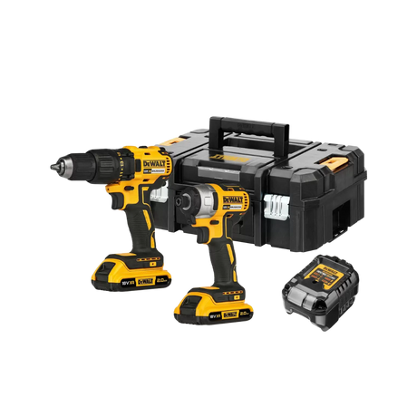 DeWALT DCK2059D2T 18v XR Cordless Drill Driver and Impact Driver TSTAK Kit, featuring a black and yellow color scheme with two batteries, a charger, and a hard TSTAK carry case.