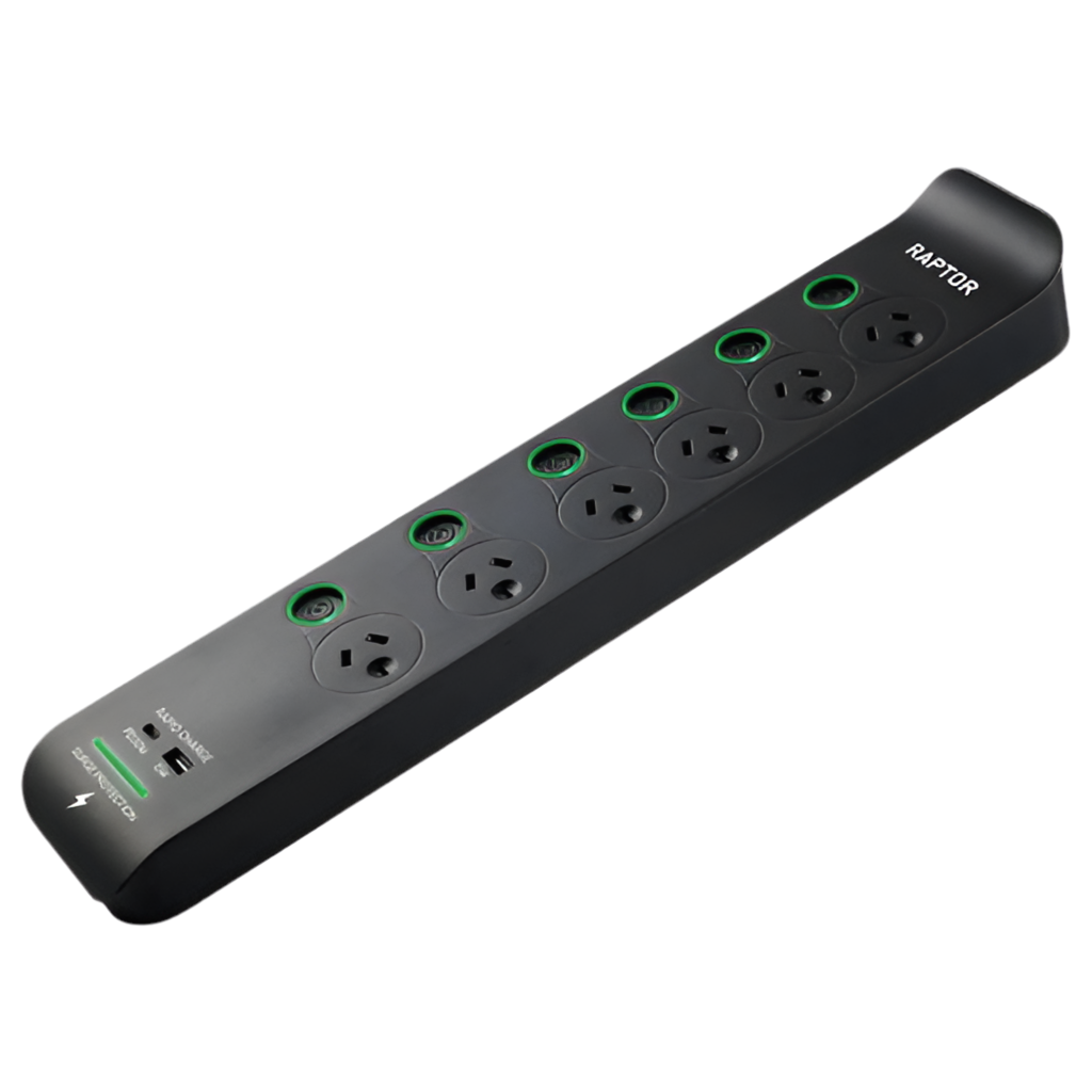 RAPTOR Surge Protected Powerboards 6-Way w/ Switches 1x QC3.0 USB-A (30W), 1x USB-C PD (30W)