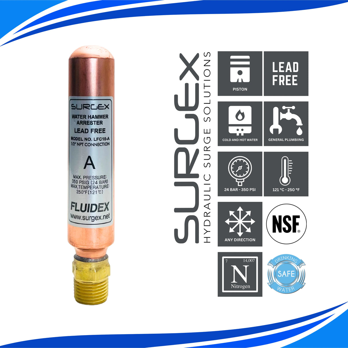 SURGEx LFC15-A NPT (MIP), Water Hammer Arrestor, LEAD FREE, 1/2"