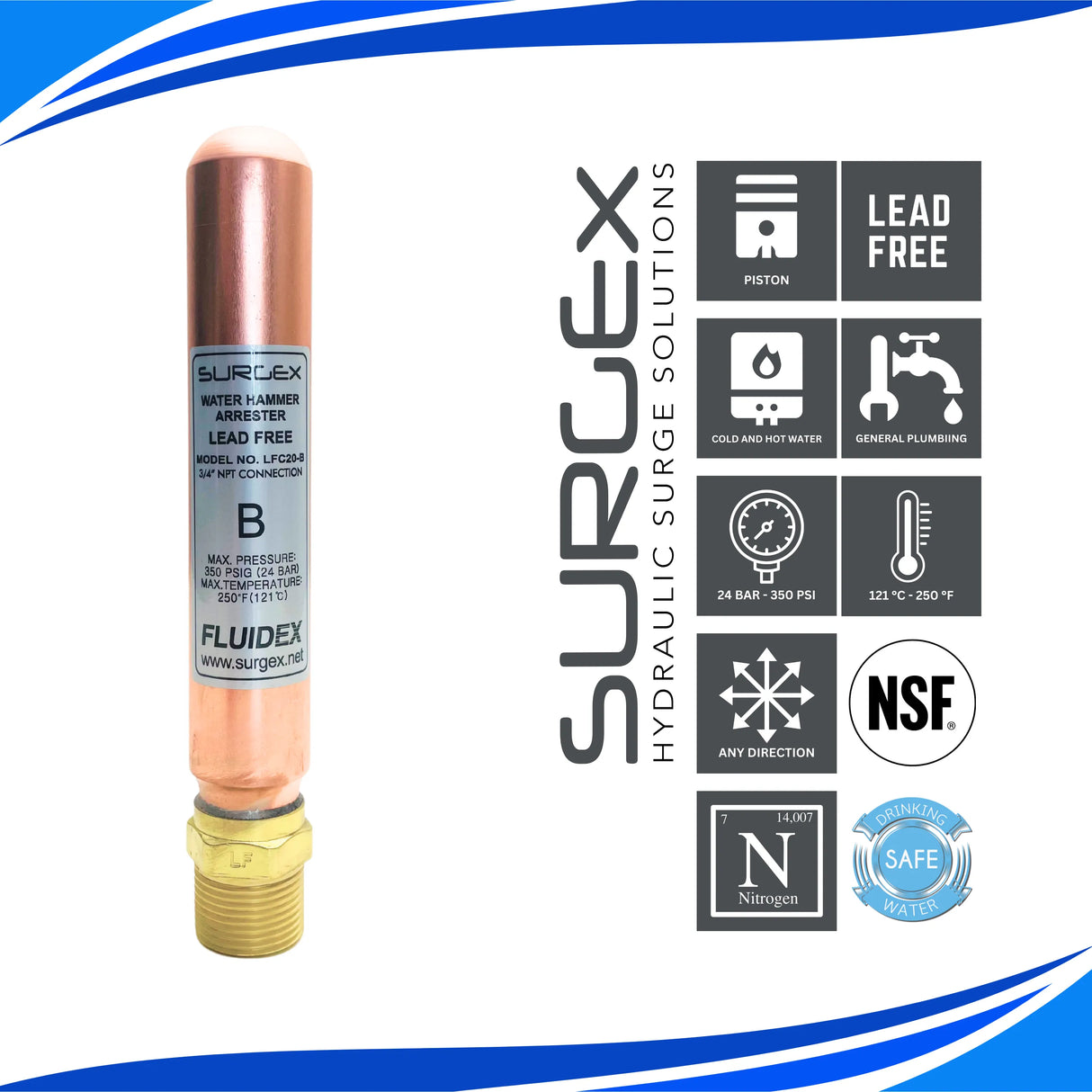 SURGEx LFC20-B NPT (MIP), Water Hammer Arrestor, LEAD FREE, 3/4"