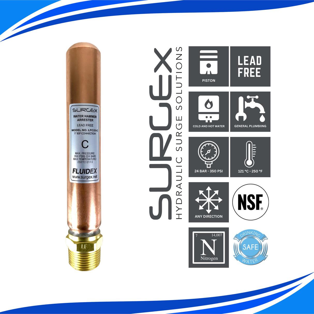 SURGEx LFC25-C NPT, Water Hammer Arrestor, LEAD FREE, 1" DN25