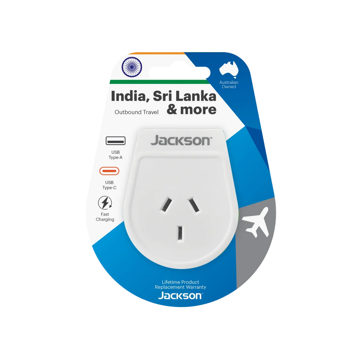 Jackson Outbound Travel Adaptor India and more, including 1xUSB-A + 1xUSB-C