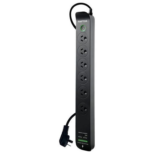 RAPTOR Surge Protected Powerboards 6-Way 1x QC3.0 USB-A (30W), 1x USB-C PD (30W)