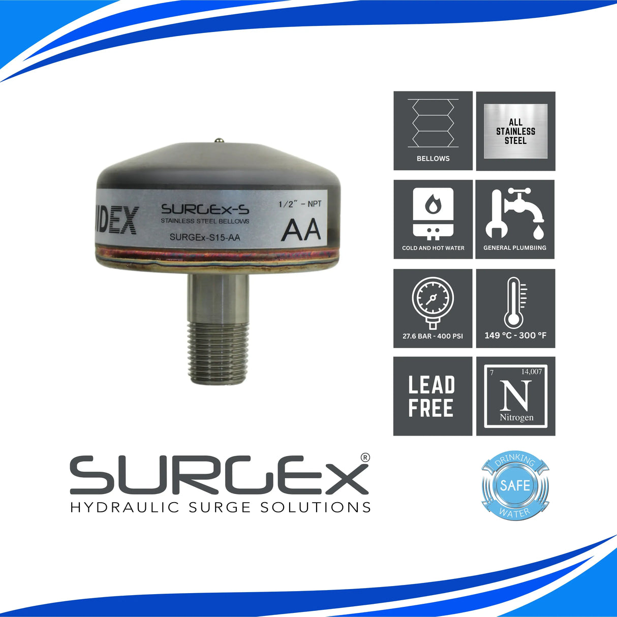 SURGEx S15-AA NPT, Stainless Steel Bellows Water Hammer Arrestor, DN15 1/2" NPT