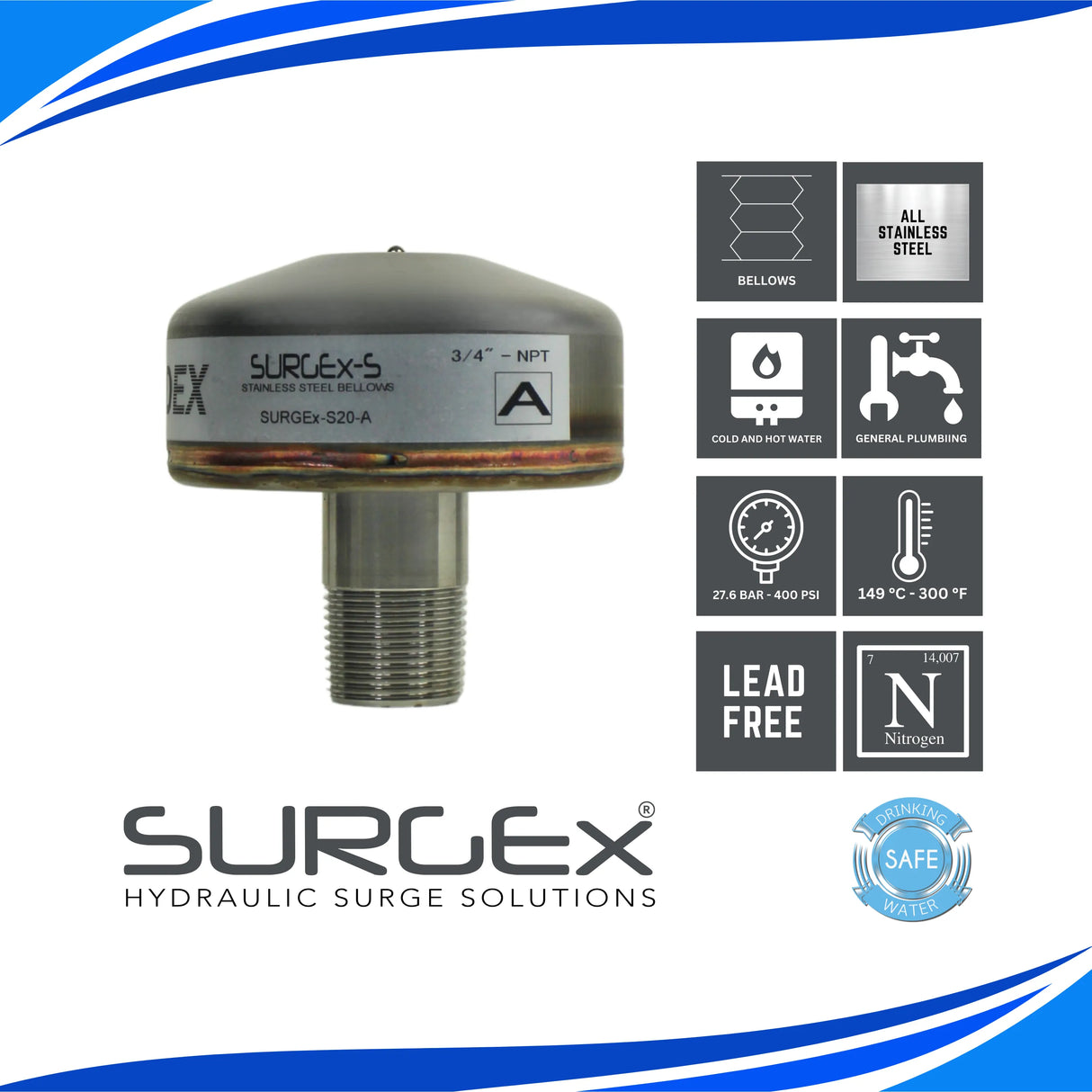 SURGEx S20-A NPT, Stainless Steel Bellows Water Hammer Arrestor, DN20 3/4" NPT