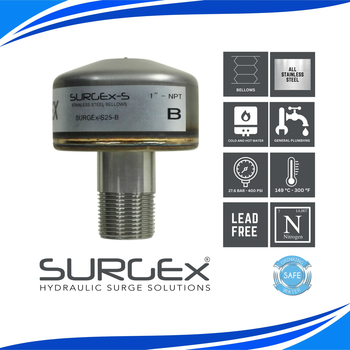 SURGEx S25-B NPT, Stainless Steel Bellows Water Hammer Arrestor, DN25 1" NPT