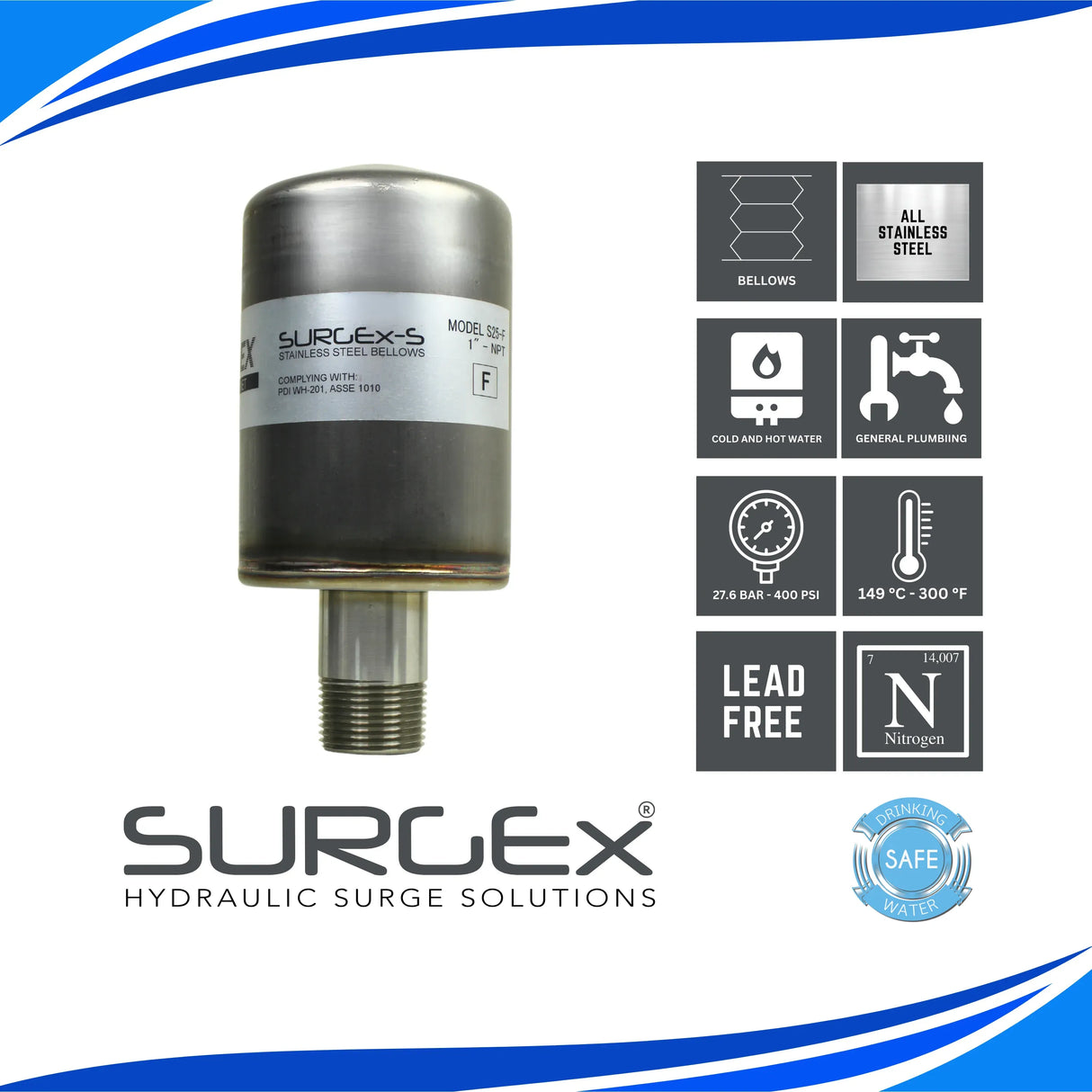 SURGEx S25-F NPT, Stainless Steel Bellows Water Hammer Arrestor, DN25 1" NPT