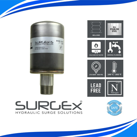 SURGEx S25-F NPT, Stainless Steel Bellows Water Hammer Arrestor, DN25 1" NPT