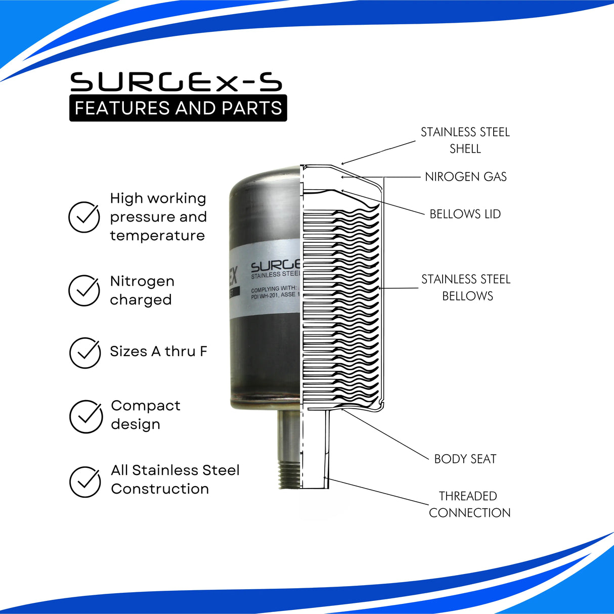 SURGEx S15-AA NPT, Stainless Steel Bellows Water Hammer Arrestor, DN15 1/2" NPT