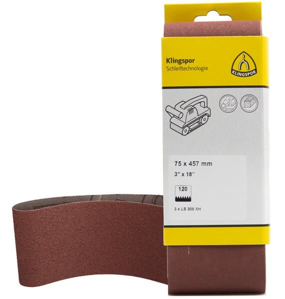 Klingspor LS 309 XH wood working belts, 75 x 533 mm grain 120 F5, D.I.Y.-packaged with tab Pack of 18
