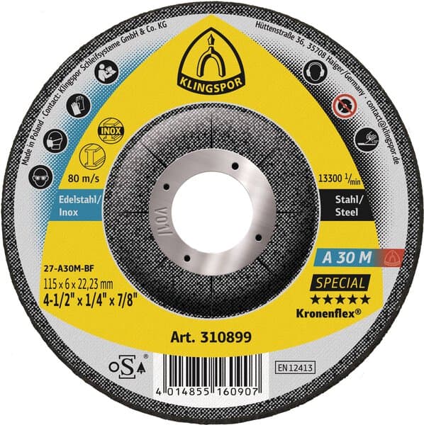 Klingspor Kronenflex A 30 M grinding discs, 125 x 6 x 22,23 mm depressed centre Pack of 10