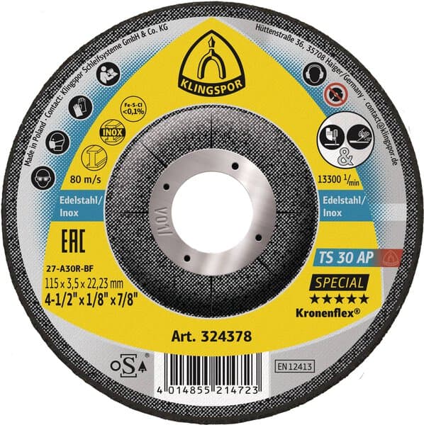 Klingspor Kronenflex TS 30 AP grinding discs, 125 x 3,5 x 22,23 mm depressed centre Pack of 10