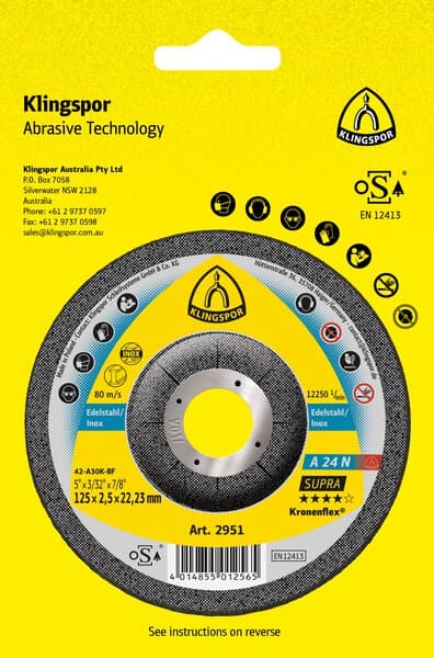 Klingspor Kronenflex A 24 N cutting-off wheels, 125 x 2.5 x 22.23 mm depressed centre, D.I.Y.-packaged with tab Pack of 5
