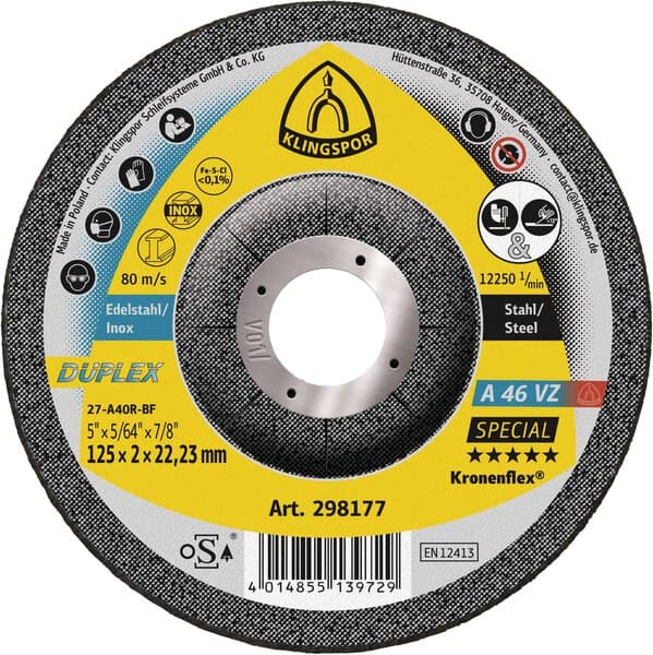 Klingspor Kronenflex A 46 VZ grinding discs, 125 x 2 x 22,23 mm depressed centre Pack of 25