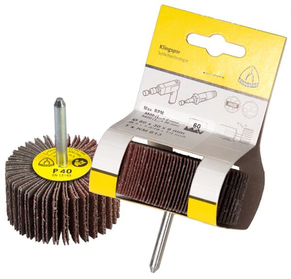 Klingspor KM 613 small flap wheel, 40 x 20 x 6 mm grain 60, D.I.Y.-packaged with tab