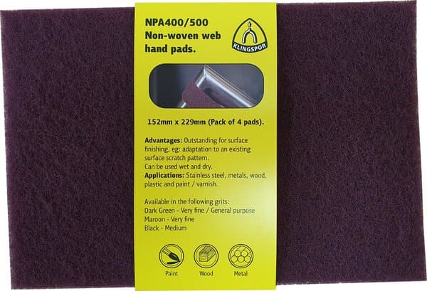 Klingspor NPA 400 non-woven web sheets, 152 x 229 mm Very fine General Purpose Aluminium oxide Pack of 20